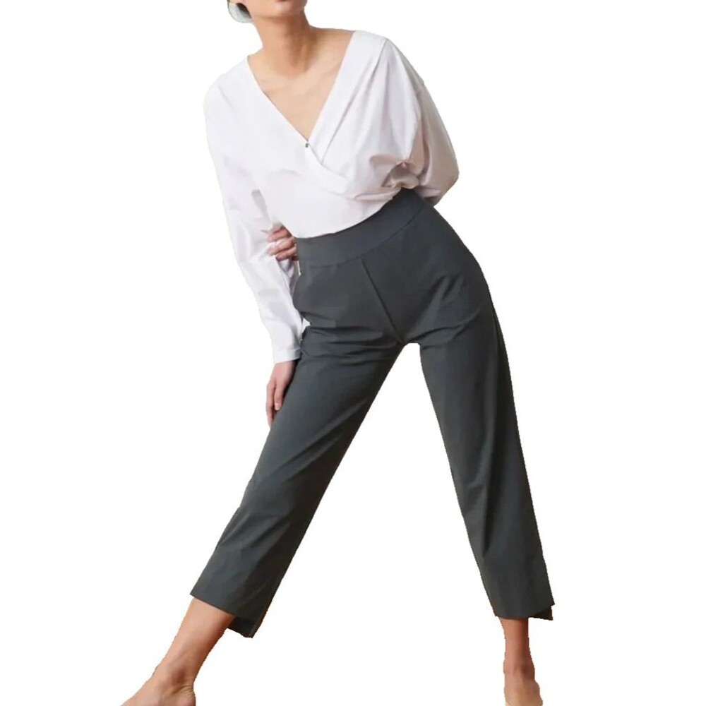 Aday Straight Up Pant Gray Step Hem Elastic Waist Pull On High Rise Large